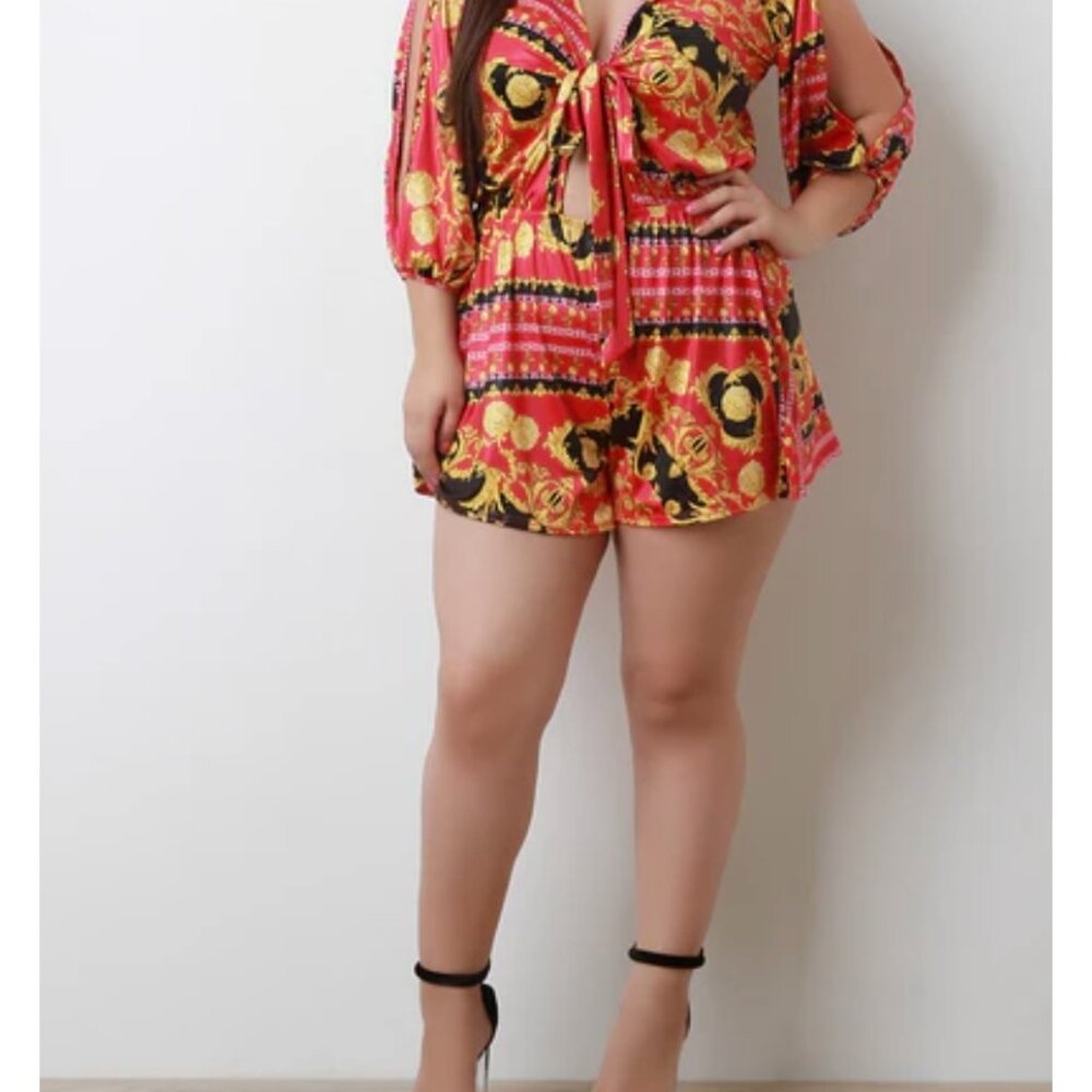 Bandana Print Tie-Front Slit Quarter Sleeves Romper